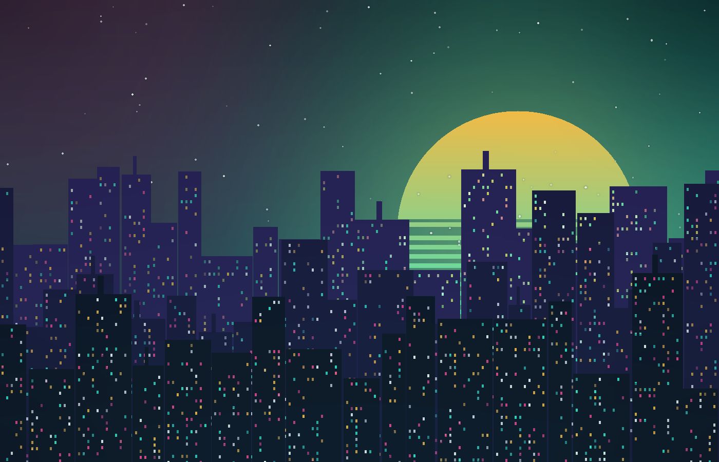 Illustrated neon city skyline at dusk